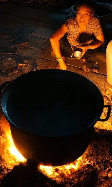 Azjatyckie kobiety kucharz, Drewno kominkowe piec — Zdjęcie stockowe