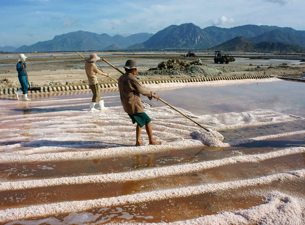 Agricultor asiático, plantação de sal, salina vietnamita — Fotografia de Stock