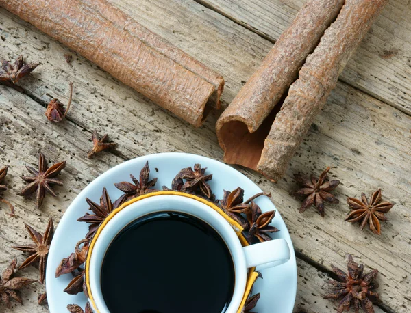 Fondo caffè, tazza di caffè, chicco di caffè — Foto Stock