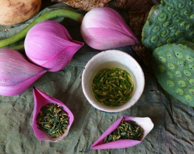 Koleksiyon lotus çiçeği, tohum, çay, sağlıklı gıda