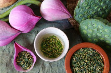 Koleksiyon lotus çiçeği, tohum, çay, sağlıklı gıda