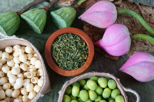 Samling lotusblomma, utsäde, te, hälsosam mat — Stockfoto