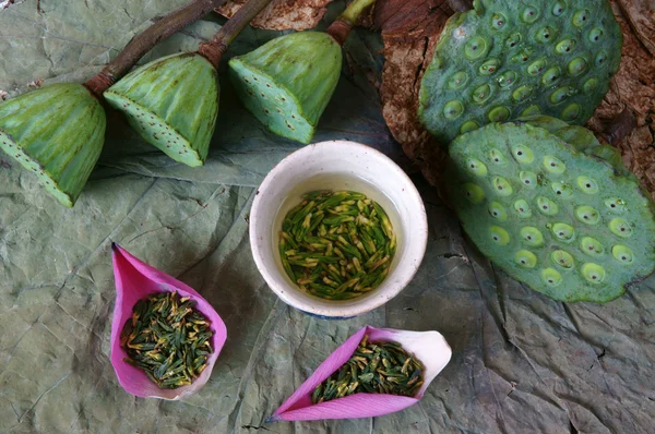 Collezione fiore di loto, semi, tè, cibo sano — Foto Stock