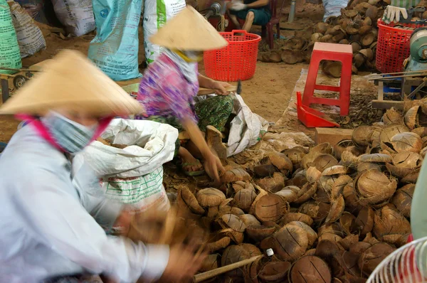 Азиатский рабочий, деревообрабатывающий цех, кокосовый продукт — стоковое фото
