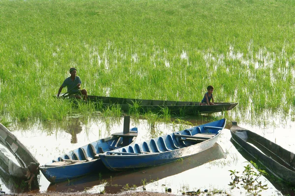 Agriculteur asiatique, bateau à rames, famille, aller au travail — Photo