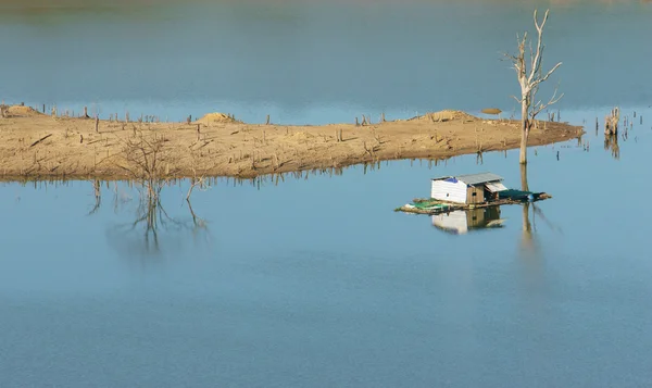 Paysage harmonieux, maison flottante, reflet, arbre sec — Photo