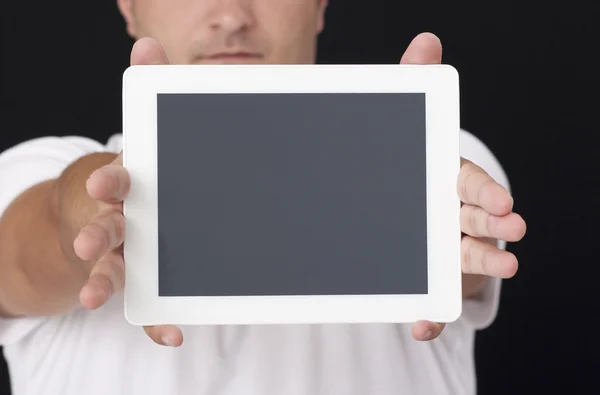 Digital tablet front of the face — Stock Photo, Image