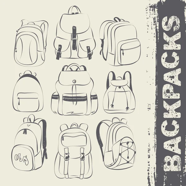 Conjunto de diferentes tipos de mochilas — Archivo Imágenes Vectoriales