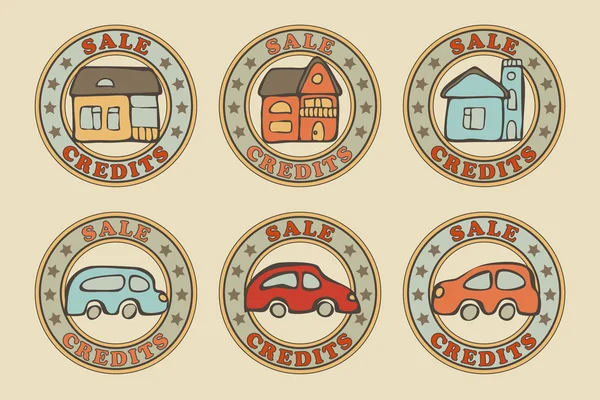 Casas y coches insignias — Vector de stock