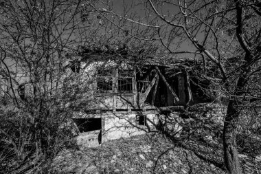 Taştan temelleri ve ahşap duvarları olan terk edilmiş bir köy evi.