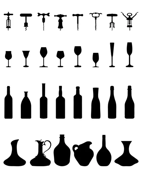 Bottles, glasses and corkscrew — Stock Vector