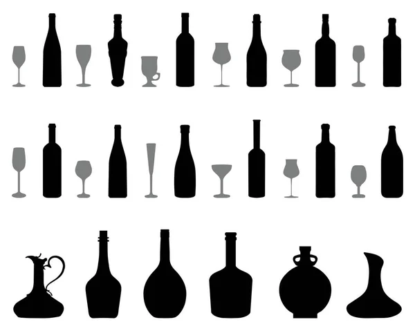 Silhuetter Glas Och Flaskor Vin Vit Bakgrund — Stock vektor