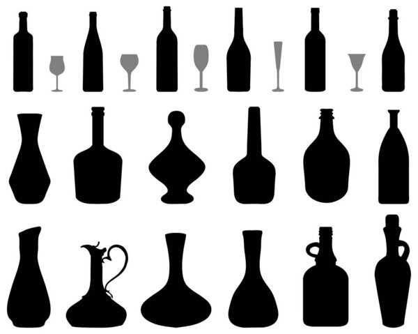 Силуэты бокалов и бутылок вина на белом фоне