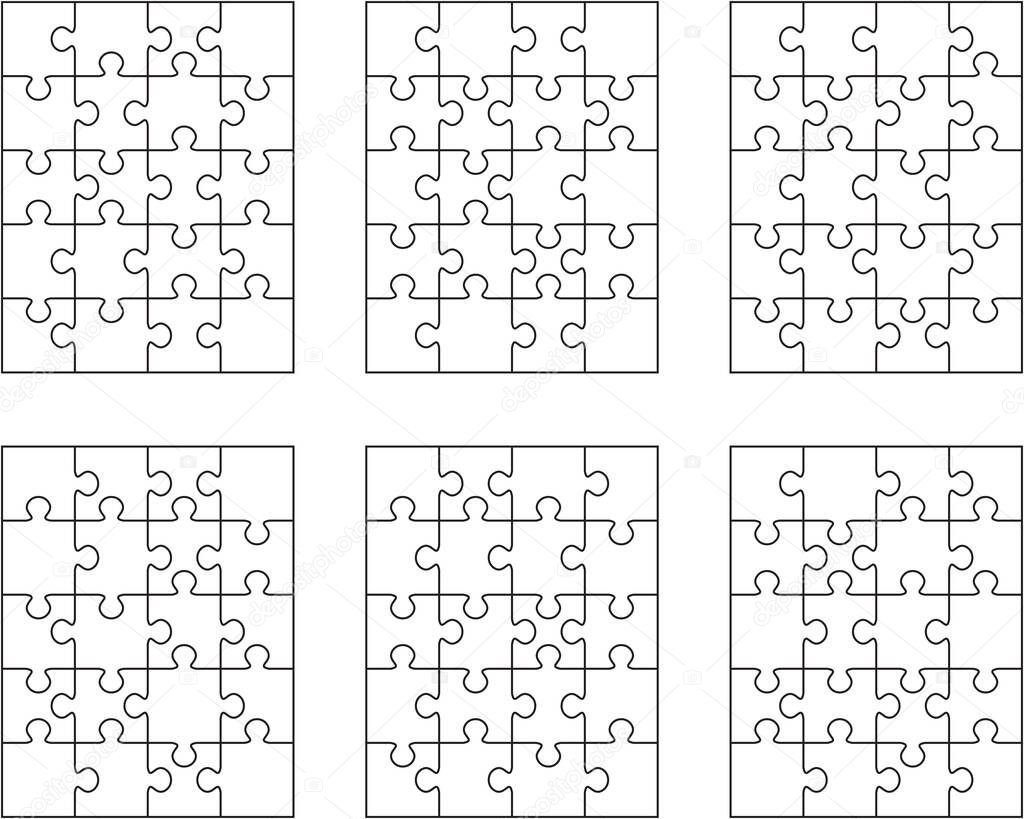 Illustration of six different white puzzles, separate pieces