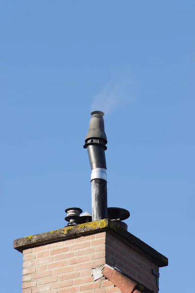 Closeup Chimney System House Little Smoke Clear Blue Sky — Stock Photo, Image