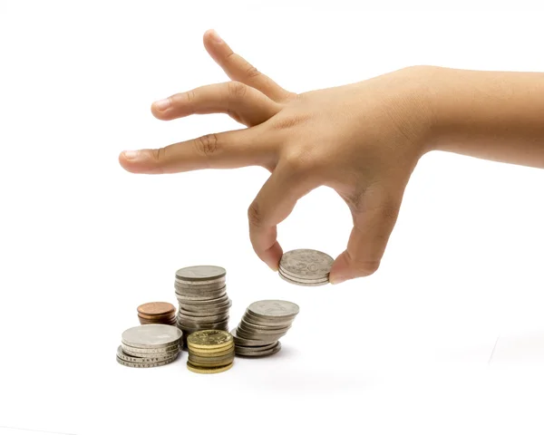Ręka, zbierając kilka monet — Zdjęcie stockowe