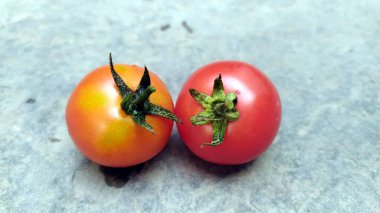 Taş zeminde izole edilmiş taze kırmızı domates.