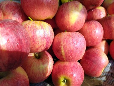 Taze kırmızı renkli elma bir dükkana konur.