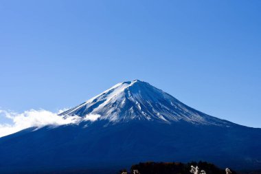 Japonya 'daki güzel Fuji Dağı, Fuji Gölü büyüklüğünde Kawaguchiko Gölü, beyaz tepesi, bahçede sonbahar, dağlara düşer..