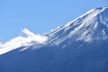 Japonya 'daki güzel Fuji Dağı, Fuji Gölü büyüklüğünde Kawaguchiko Gölü, beyaz tepesi, bahçede sonbahar, dağlara düşer..