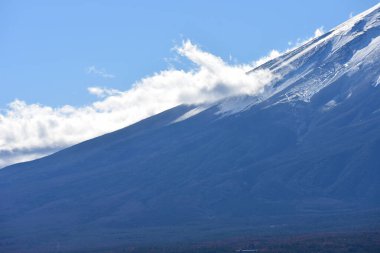 Japonya 'daki güzel Fuji Dağı, Fuji Gölü büyüklüğünde Kawaguchiko Gölü, beyaz tepesi, bahçede sonbahar, dağlara düşer..