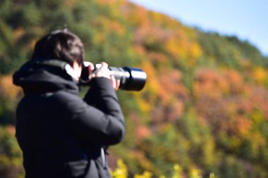Yamanashi Japonya 23 Kasım 2018 Kimliği belirlenemeyen güzel manzara Fuji Dağı Japonya 'da, Kawaguchiko Gölü büyüklüğünde Fuji Gölü, beyaz tepesi, bahçede sonbahar, dağlara düşüyor.