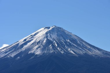 Japonya 'daki güzel Fuji Dağı, Fuji Gölü büyüklüğünde Kawaguchiko Gölü, beyaz tepesi, bahçede sonbahar, dağlara düşer..