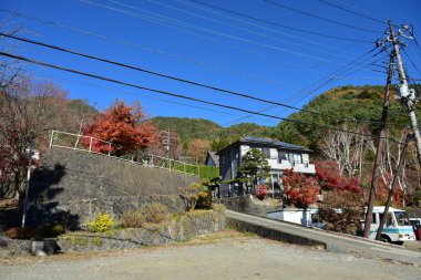 Yamanashi Japonya 23 Kasım 2018 Kimliği belirlenemeyen güzel manzara Fuji Dağı Japonya 'da, Kawaguchiko Gölü büyüklüğünde Fuji Gölü, beyaz tepesi, bahçede sonbahar, dağlara düşüyor.