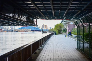 Tokyo, Japonya 25 Kasım 2018 Tokyo 'daki Sumida Köprüsü' nde güneş parlıyor. Tokyo sokaklarında parlıyor