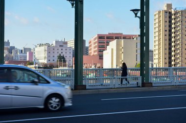 Tokyo, Japonya 25 Kasım 2018 Tokyo 'daki Sumida Köprüsü' nde güneş parlıyor. Tokyo sokaklarında parlıyor