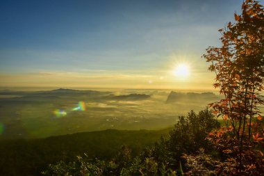 Silhouette Loei Eyaleti Tayland Phu Kradueng Ulusal Parkı. Tayland 'ın en ünlü yerlerinden biri. Güneşin dağ manzarası.. 