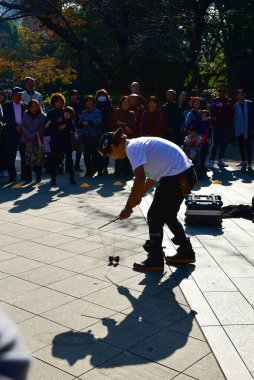 Tokyo, Japonya 27 Kasım 2018 Kimliği belirsiz birçok insan Ueno parkında yürüyor ve bahçedeki sonbahar ağacını izliyor. .