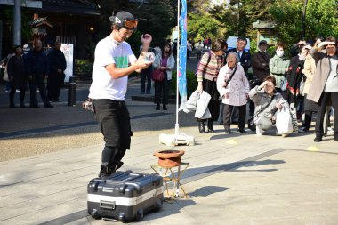 Tokyo, Japonya 27 Kasım 2018 Kimliği belirsiz birçok insan Ueno parkında yürüyor ve bahçedeki sonbahar ağacını izliyor. .
