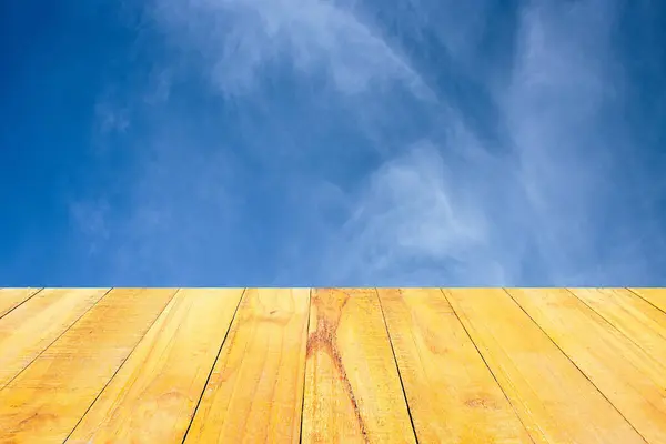 Blue Sky White Clouds Background Wood Background — Stock Photo, Image