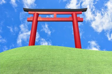 Arka plan için mavi gökyüzü ve beyaz bulutlar. yeşil çimenlik ön plan, ahşap zemin ön plan