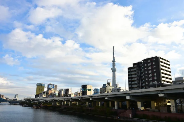 日本2018年11月25日東京の隅田川に太陽が輝いています 東京の街に輝き — ストック写真