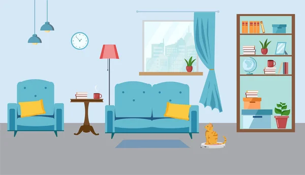 Kanepesi ve penceresinden manzarası olan rahat bir daire. Kedi robot bir elektrikli süpürgenin üzerinde oturuyor.