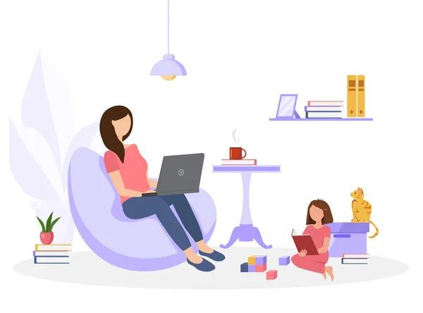 Woman Sitting Beanbag Chair Her Home Working Laptop Her Daughter — Stock Vector