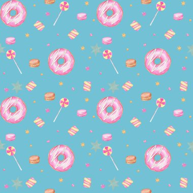 Şekerli suluboya desenli şekerleme ve lolipop. Mavi arkaplanda desen 