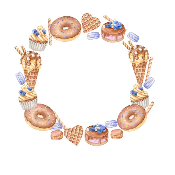Suluboya tatlıların dekoratif çelengi: badem kurabiyeleri, donutlar, dondurmalar, kekler.