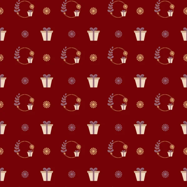 Kırmızı arka planda çelenkler, hediyeler ve kar taneleriyle kusursuz bir Noel deseni. 
