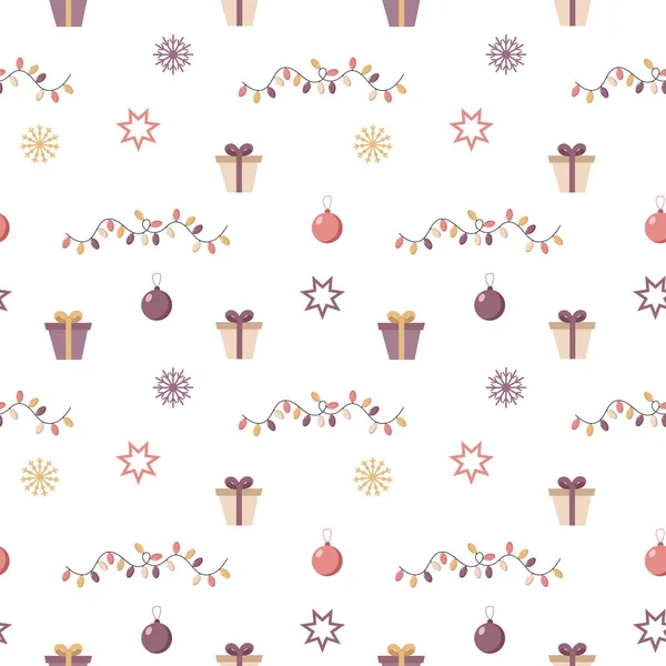 Hediyeler, yıldızlar ve kar taneleriyle kusursuz bir Noel deseni.