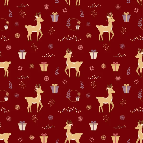 Kusursuz bir Noel deseni. Boynuzlu geyik ve kırmızı arka planda hediyeler..