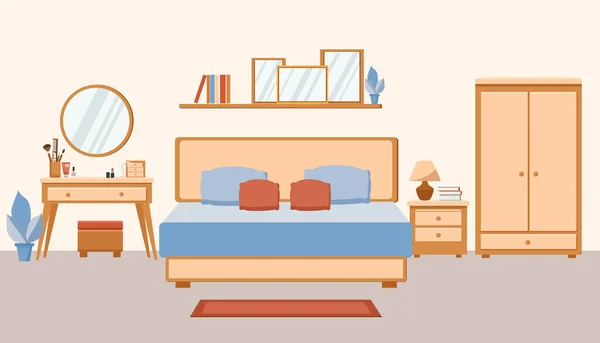 Yatak odasının içi çok moda. Büyük çift kişilik yatak, tuvalet masası ve gardırop.