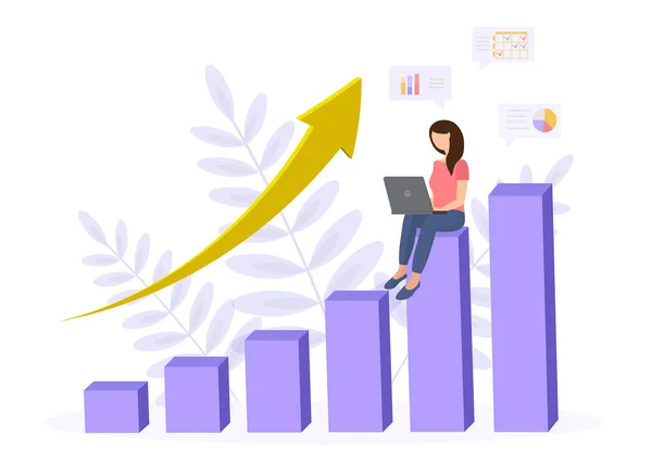 Kız bir dizüstü bilgisayarda çalışıyor. Büyümenin ve kârın dinamiklerini gösteren bir grafikte oturuyor. Finansal eğitim. Mali planlama kavramı.