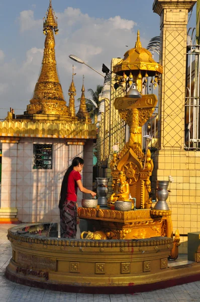 Неизвестная женщина заливает воду в статую Будды в храме Бо — стоковое фото