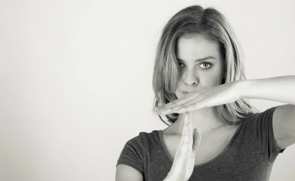 Woman gesturing break sign with hands — Stock Photo, Image