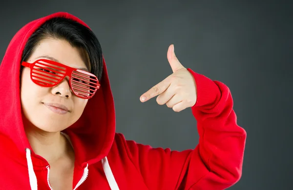 Woman pointing to herself — Stock Photo, Image