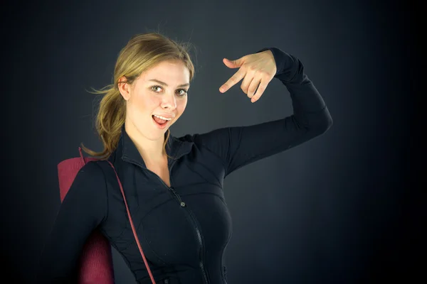 Woman pointing to herself — Stock Photo, Image