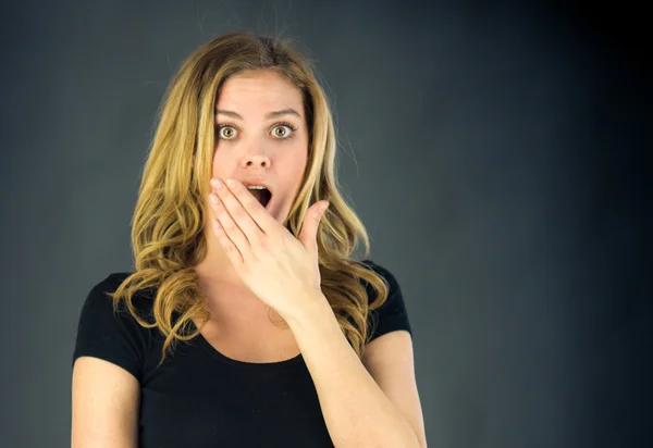 Shocked woman covering her mouth by hand — Stock Photo, Image